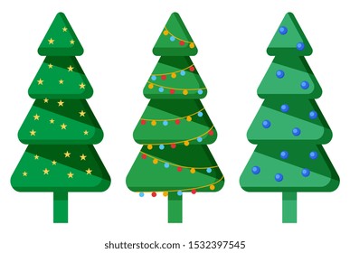 Christmas trees decoration, isolated set of spruce with garlands and glowing lights. Symbolic plant of xmas for winter holidays celebration. Evergreen botanical flora, firtree with baubles vector