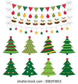Christmas trees and decoration vector set
