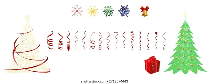 Árboles de Navidad y decoraciones para Árbol. Conjunto de árbol de Navidad brillante. Conjunto de brillante árbol de Navidad con bolas, estrellas y guirnaldas. Abetos para Navidades.