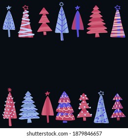 Weihnachtsbäume schmücken die Grenze. Handgezeichneter Wintergarten. Trends Farbgrafik im modernen Flachstil mit trockener Bürstenstruktur. Vektorgrafik einzeln auf schwarzem Hintergrund.