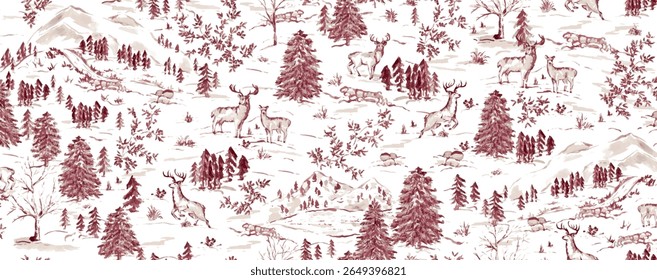 Christmas trees and deer seamless pattern, pine trees forest design