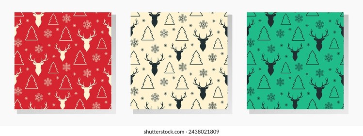 Christmas trees, deers and snowflakes. Vector seamless patterns collection. Best for textile, wallpapers, wrapping paper and seasonal decoration.