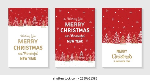 Christmas trees. Design of holiday greeting cards - set. Vector illustration