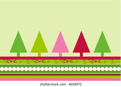 Christmas trees design with simplistic retro shapes on stripes and swirls pattern