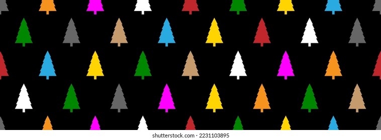 Christmas trees of different colors on a black background, seamless pattern.