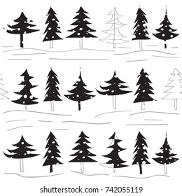 Christmas trees of different forms, New Year's winter landscape, Christmas seamless pattern.Freehand drawing monochrome vector. sketch in a naive manner. modern seamless pattern.
