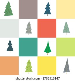 Weihnachtsbäume verschiedener Formen und Designs in skandinavischen geometrischen nahtlosen Mustern für festlichen Hintergrund. Vorlage für das neue Jahr zum Bedrucken auf Papier für Geschenkverpackungen, Gewebe, Tapeten, Deckel