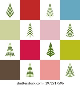 Christmas trees of different shapes and designs in Scandinavian geometric seamless pattern for festive background. New Year Christmas endless bright template for printing
