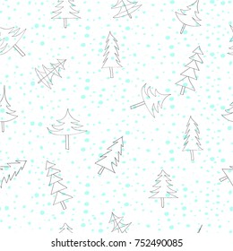 Christmas trees of different shapes painted with a thin line. sketch with blue dots like stylized snow. Freehand drawing vector. modern seamless pattern.

