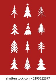 Christmas trees different styles illustration, red vector Christmas greeting card design