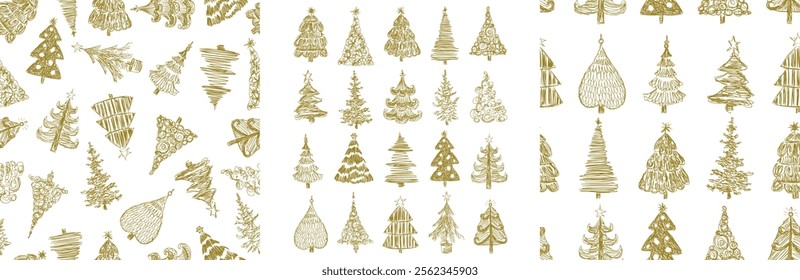 Christmas trees, doodle drawings abstract decorative, seamless patterns, wrapper, paper, textile, vector background 