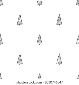 Christmas trees doodle pattern. Black outline on a white background. Christmas hand-drawn design for fabric, wrapping paper. Vector.