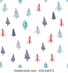 Christmas Trees Doodle Seamless Pattern. Hand Drawn Winter Forest Texture.