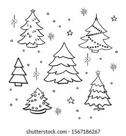 Christmas trees doodle set. Collection of hand drawn decorated christmas trees. Vector illustration. Isolated on white.