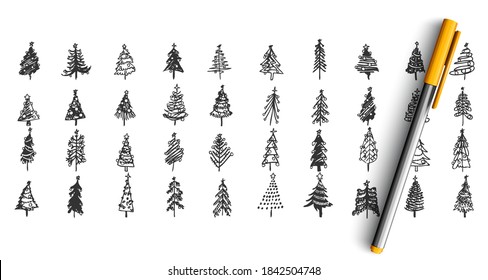 Christmas trees doodle set