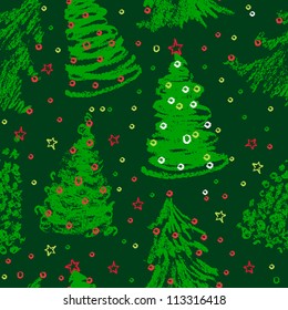 Christmas trees doodles. Seamless pattern in green