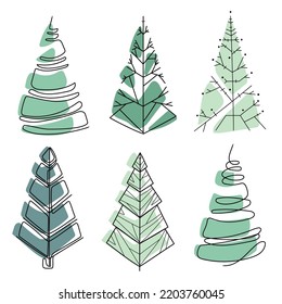 Christmas trees drawing in Minimal Art style vector isolated set Abstract Christmas trees in scandinavian style  festive modern design element for New Year   holiday decoration Hand drawn 