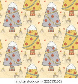 Christmas Trees and Festive decorations, Winter Holiday seamless pattern, vector background For fabrics, clothing, decoration, home decor, cards and templates, wrapping paper, kids prints.
