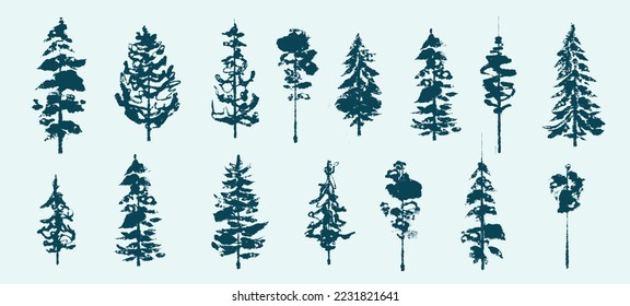 Christmas trees. Fir trees. Textured ink brush drawing. Vector illustration