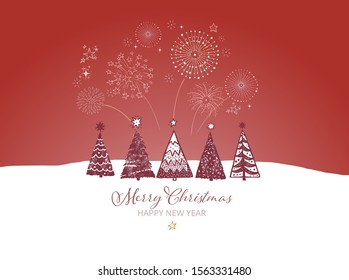 Christmas trees and firework in glowing sky. Christmas greeting card.