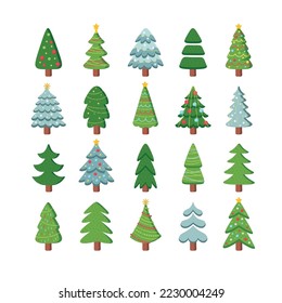 Árboles de Navidad se ponen iconos planos. Diferente variación de árboles de coníferas verdes. Cedro, abeto, pino, secuoyas cubiertas de nieve. Decoración de invierno. Ilustraciones aisladas de color