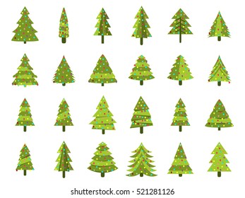 Christmas trees in a flat style. Decorated Christmas Tree. Fir trees isolated on white background. Vector icons.