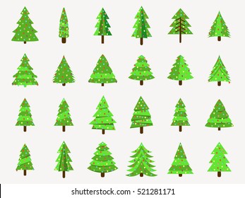 Christmas trees in a flat style. Decorated Christmas Tree. Fir trees isolated on white background. Vector icons.
