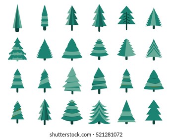 Christmas trees in a flat style. Fir trees isolated on white background. Vector icons.
