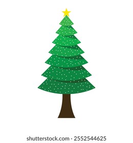 Weihnachtsbäume im flachen Stil auf weißem Hintergrund. Fröhlicher Weihnachtsbaum mit Stern auf der Spitze und weißem Schnee. grüner Weihnachtsbaum, Vektorkunstwerk