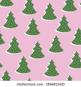 Christmas trees flat vector seamless pattern. Green fir tree on pink background. Winter texture with cartoon color icons. New year print. Creative hand drawn textures for winter holidays