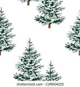 Christmas trees floral seamless pattern white background. Winter forest  wallpaper.