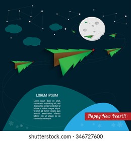 Christmas trees are flying in the space around the moon. Vector flat design illustration, holiday card. Happy New year lettering