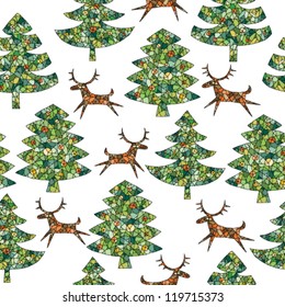 Christmas Trees Forest with Reindeer ... seamless pattern background