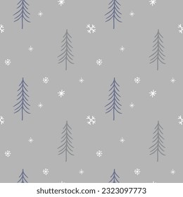 Christmas trees in forest and snowflakes from snow repeating seamless pattern winter decorative ornament. Hand drawn festive backgroundю for greeting card, textile, wrapping, template. Boho style