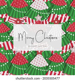 Christmas trees, garlands and stars made of corrugated multi-colored paper. Merry Christmas and Happy New Year. Greeting vector new year card. Handwritten text on a white background.