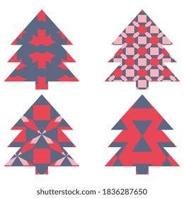 Christmas trees with geometric patterns in blue and red colors on a white background. Vector illustration icons for textiles, surfaces, packaging. New Year card design.