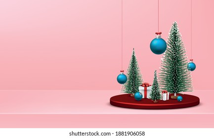 Christmas trees with gift boxes on red round stand. Hanging blue baubles. Card, poster, banner. Vector holiday illustration.