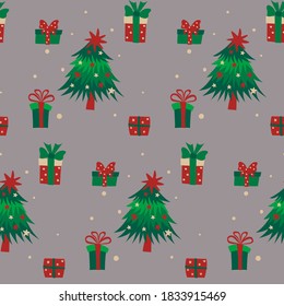Árboles de Navidad y cajas de regalo sin fisuras en fondo gris. Ilustración vectorial del doodle de mano ahogada.