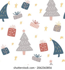 Christmas trees and gifts boxes seamless pattern. Winter Background, kids wallpaper for fabric, textile, clothes, paper, scrapbooking, planner. New Years and xmas traditional symbol. 