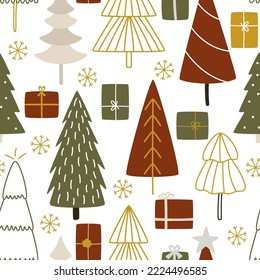 Christmas trees with gifts for celebrating the New Year party. Seamless vector winter pattern with illustrations of Christmas trees, snowflakes, and gift boxes for fabric and wrapping paper