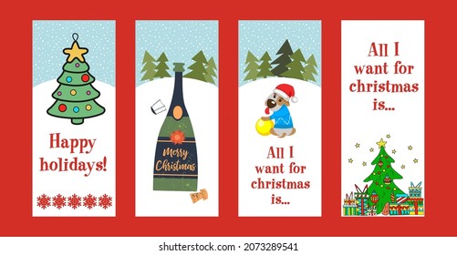 Christmas trees, gifts, champagne and a cute dog in a Santa hat. A set of Christmas illustrations.