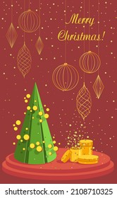 Christmas trees with gifts and golden confetti. Red background.  Beautiful New Year's illustration. Congratulatory banner Merry Christmas. Christmas holiday greeting card.