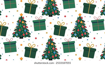 Christmas trees and gifts pattern, for holiday wrapping paper or web backgrounds. Vibrant colors and festive style