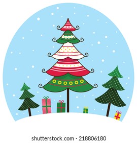 Christmas trees and gifts. Simple styled illustration.