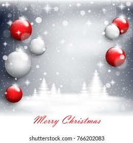 Christmas trees and glass balls on the postcard background. Vector illustration.