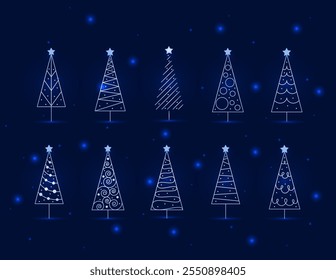 Christmas Trees Glowing Set. Line Art Blue Fir Tree Design Elements.