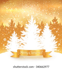 Christmas trees gold color background with falling snow, ribbon banner and spruce forest silhouette.