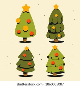 Christmas trees with gold star on top vector cartoon set isolated on background.