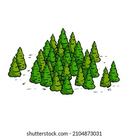 Christmas trees in green forest. Summer Natural landscape for retro maps in engraving style. Hand drawn outline cartoon illustration