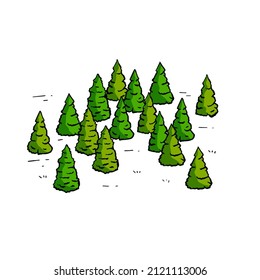 Christmas trees in green forest. Summer Natural landscape for retro maps in engraving style. Hand drawn outline cartoon illustration